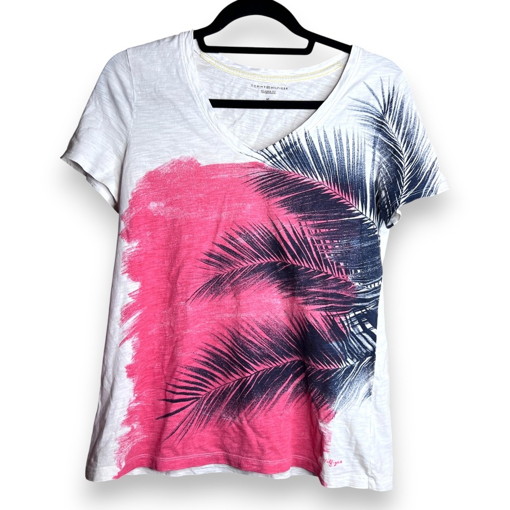 Tommy Hilfiger Womens Small Relaxed Fit Palm Tree Graphic V Neck T‎ Shirt Top